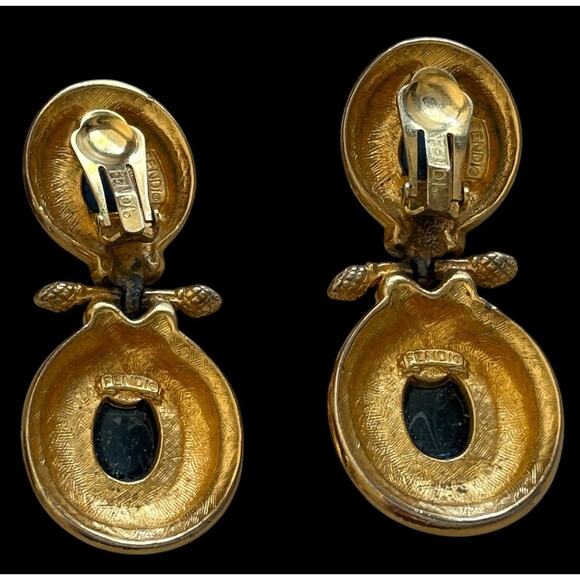 Fendi Blue Gripoix Cabochon Clip Earrings Large Double Dangle Logo 18kt GP - Picture 9 of 12